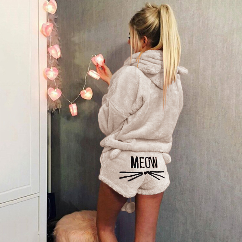 Cat Embroidered Hooded Loungewear Two-Piece Set