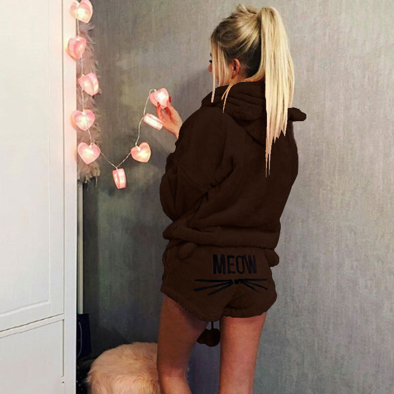 Cat Embroidered Hooded Loungewear Two-Piece Set