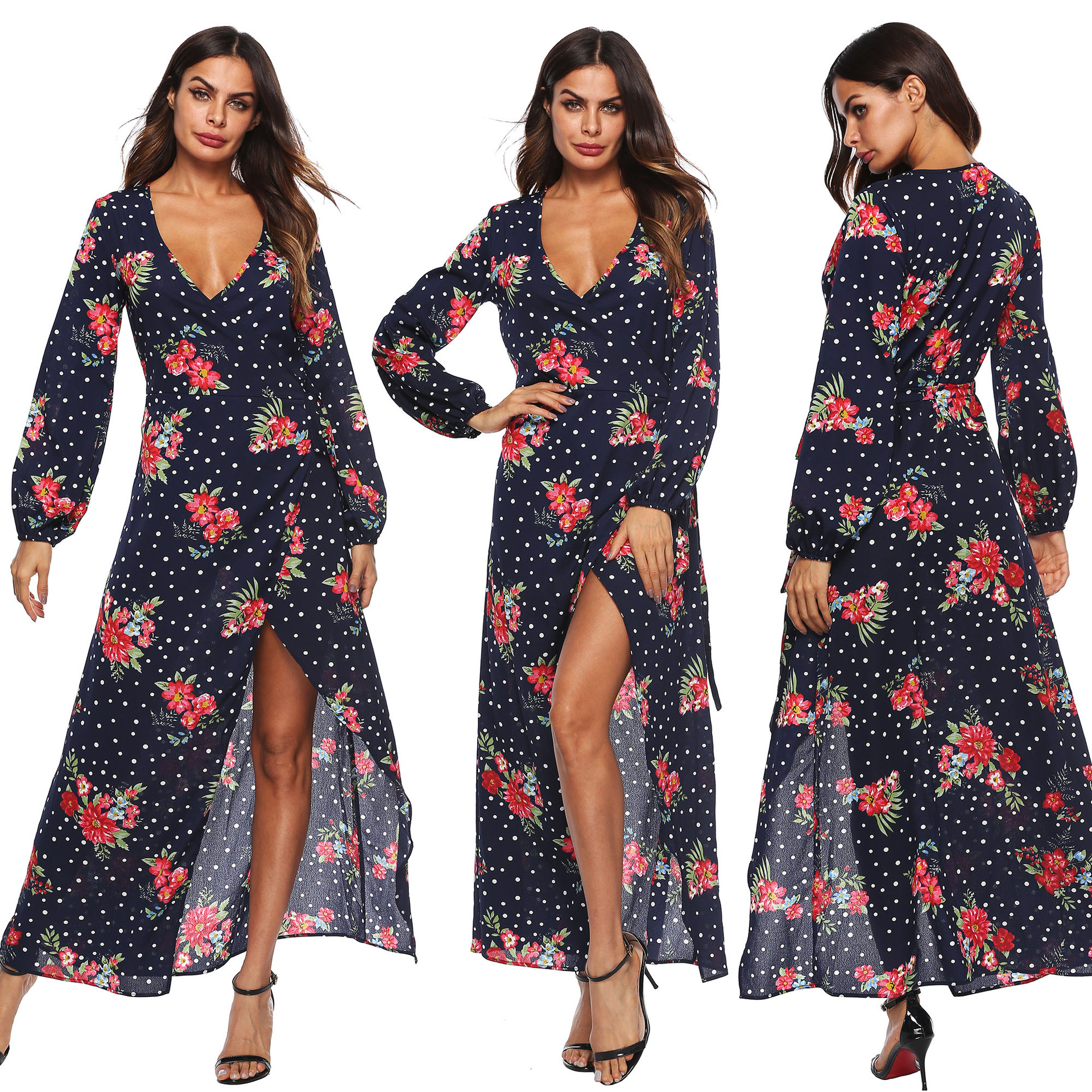 Chiffon Floral Print Lantern Sleeve Asymmetric Deep V-Neck Tie Long Dress