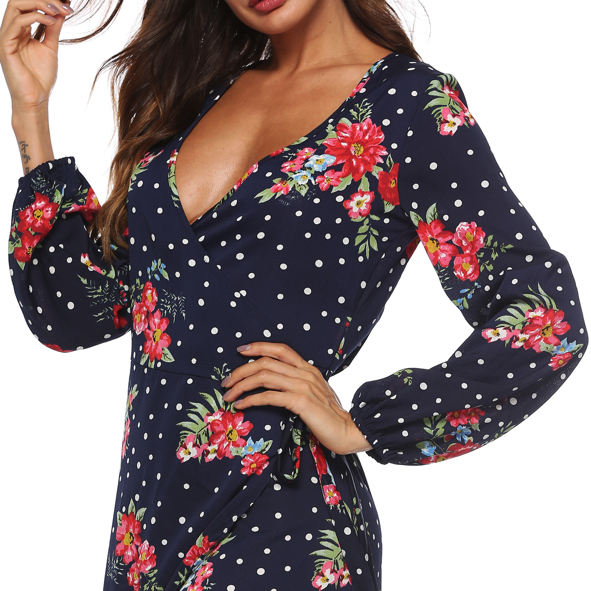 Chiffon Floral Print Lantern Sleeve Asymmetric Deep V-Neck Tie Long Dress
