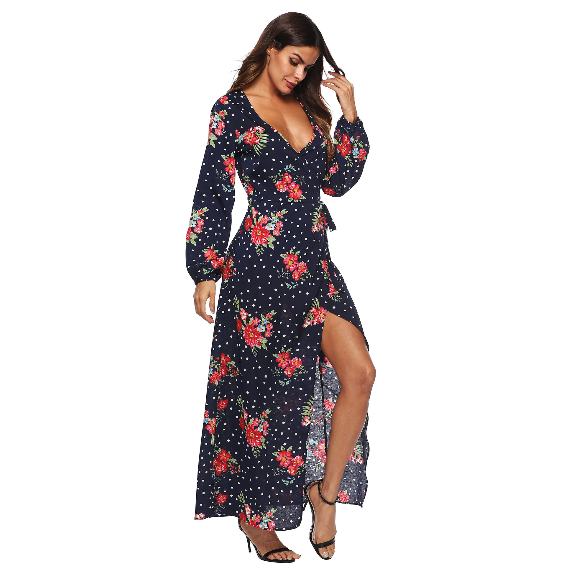 Chiffon Floral Print Lantern Sleeve Asymmetric Deep V-Neck Tie Long Dress