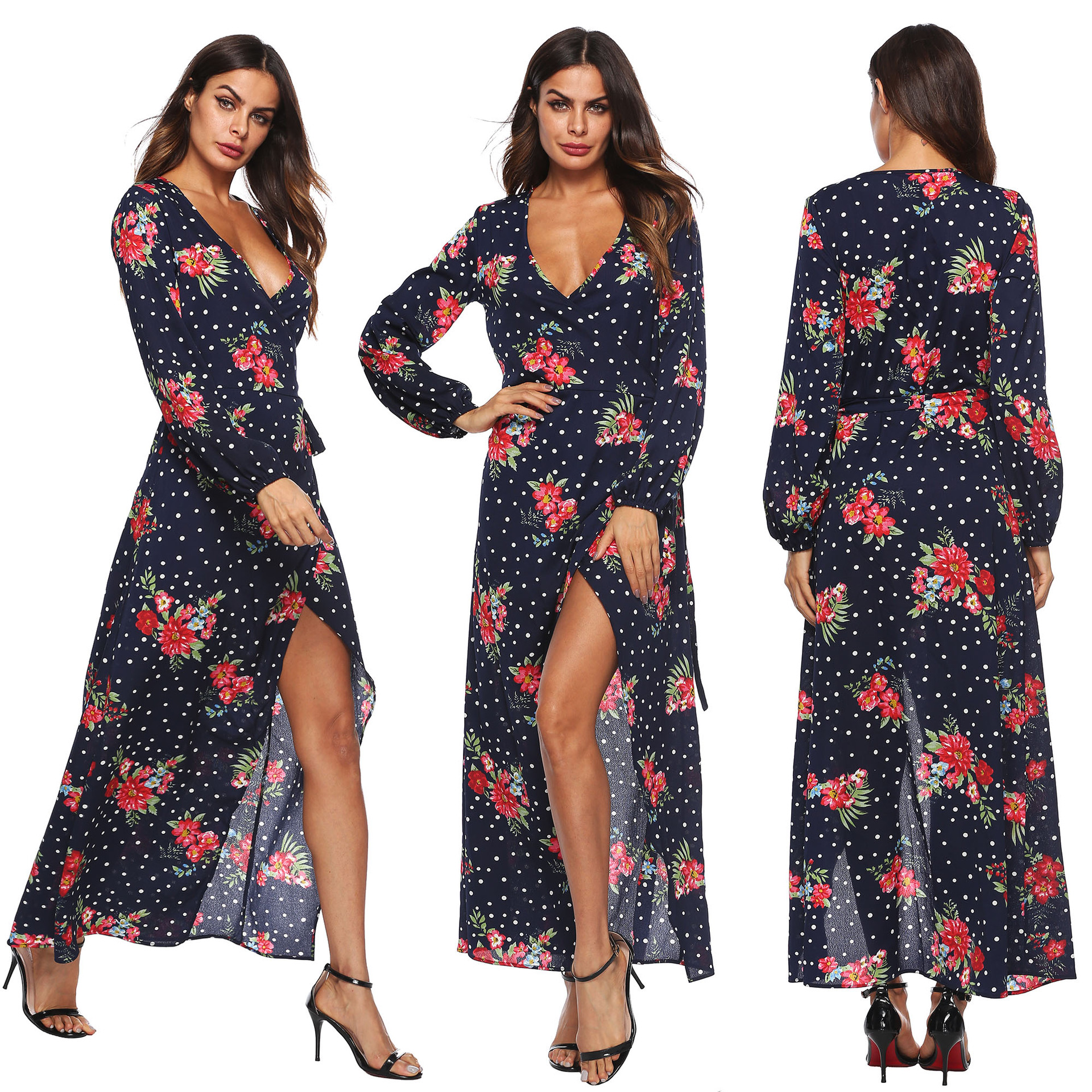Chiffon Floral Print Lantern Sleeve Asymmetric Deep V-Neck Tie Long Dress