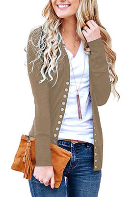 Women's Short Solid V-Neck Long-Sleeve Button Cardigan