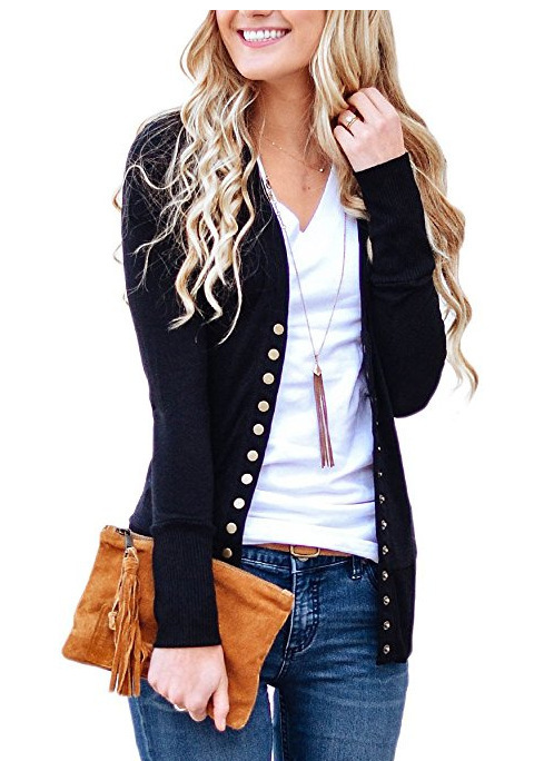 Women's Short Solid V-Neck Long-Sleeve Button Cardigan