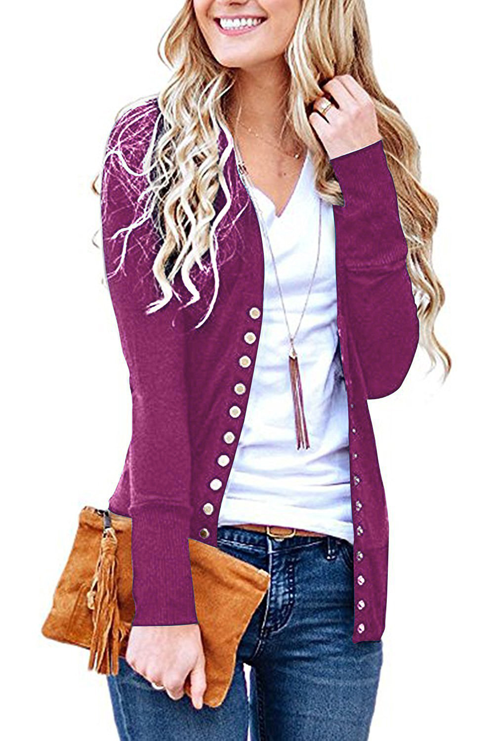 Women's Short Solid V-Neck Long-Sleeve Button Cardigan