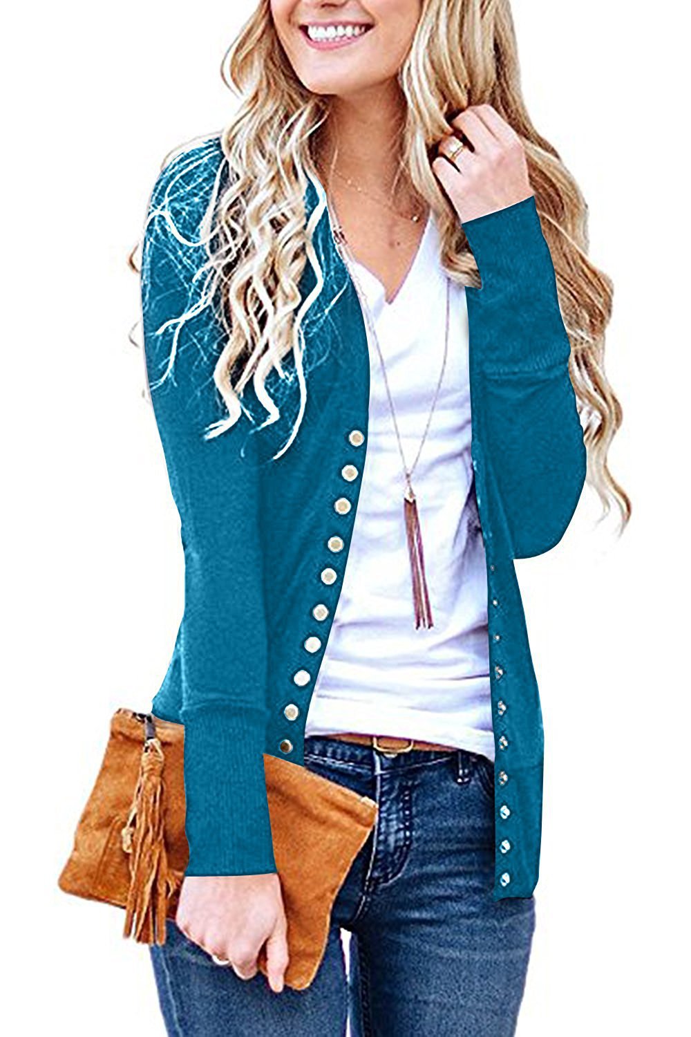 Women's Short Solid V-Neck Long-Sleeve Button Cardigan