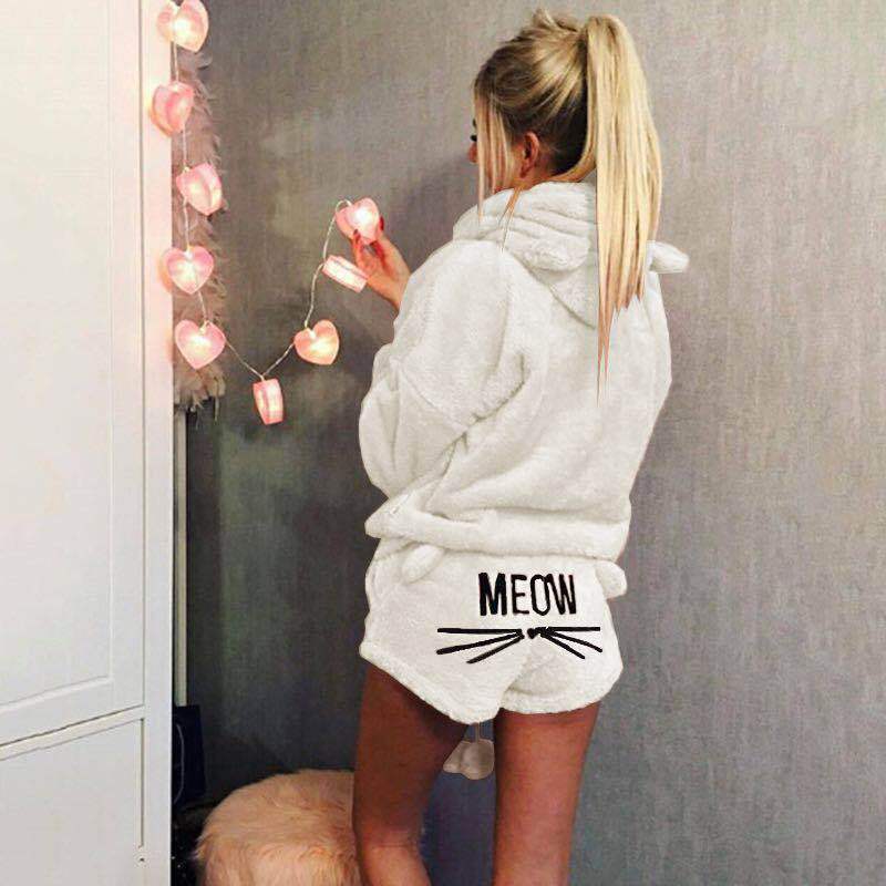 Cat Embroidered Hooded Loungewear Two-Piece Set