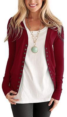 Women's Short Solid V-Neck Long-Sleeve Button Cardigan