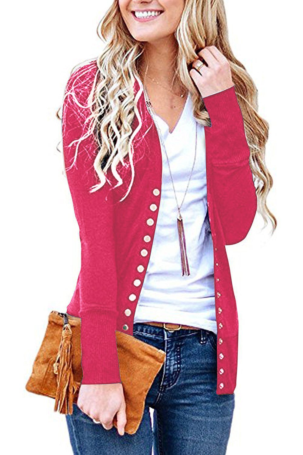 Women's Short Solid V-Neck Long-Sleeve Button Cardigan