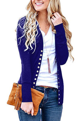 Women's Short Solid V-Neck Long-Sleeve Button Cardigan