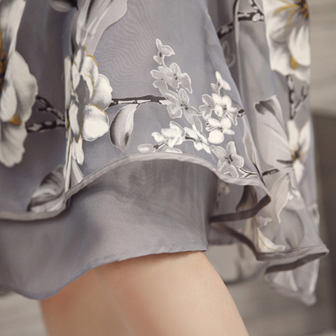 Women's Round Neck Printed Organza Midi Dress with Flared Skirt and Cinched Waist