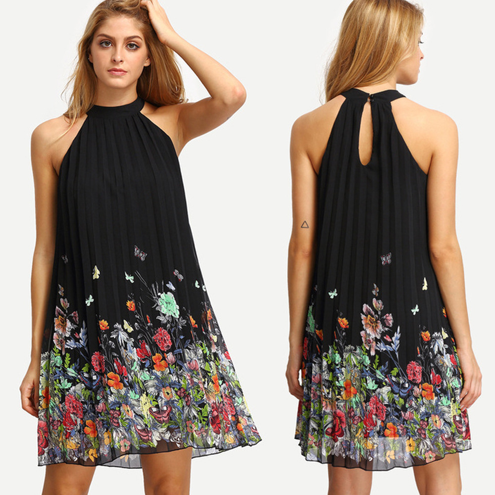 Women's Sleeveless Halter Neck Pleated Floral Print Loose Dress