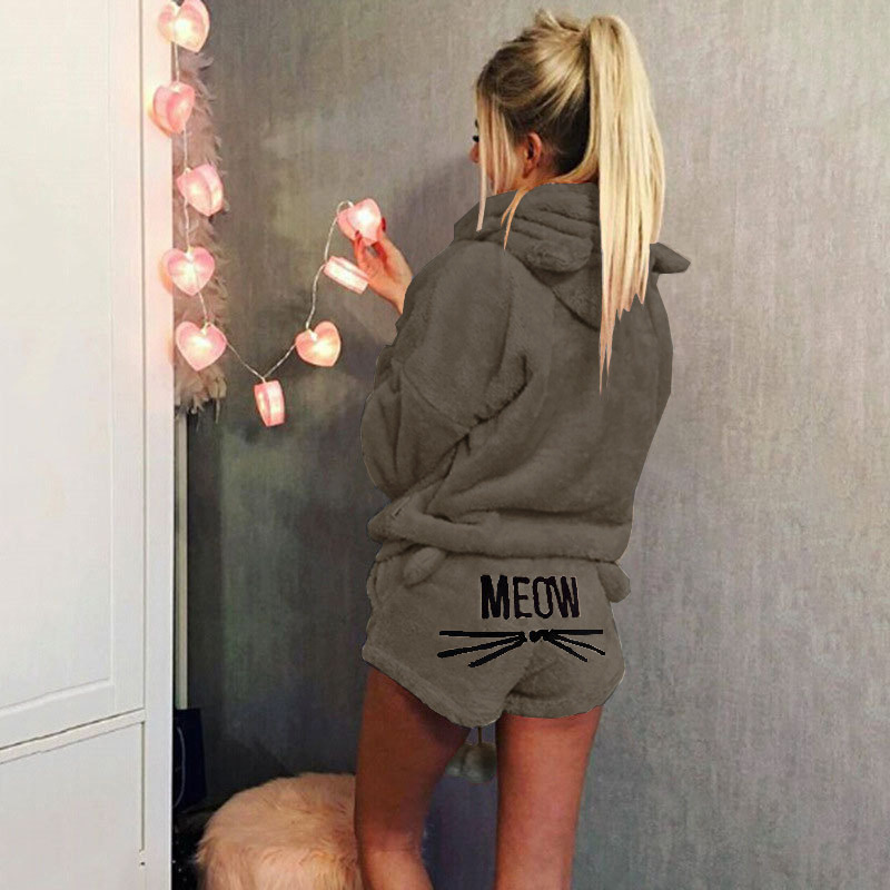 Cat Embroidered Hooded Loungewear Two-Piece Set