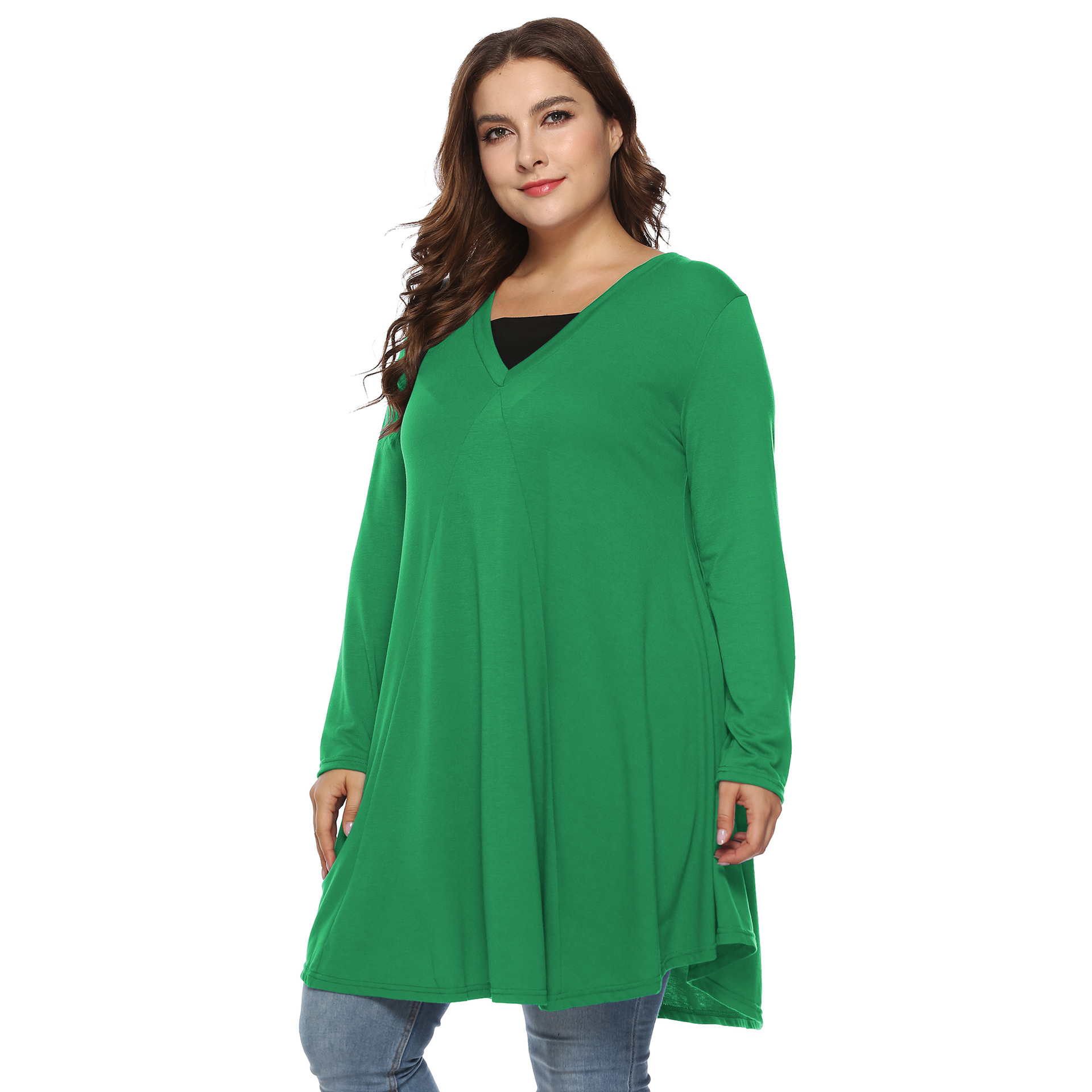 V-Neck Long Sleeve Asymmetric Faux Two-Piece Dress Plus Size