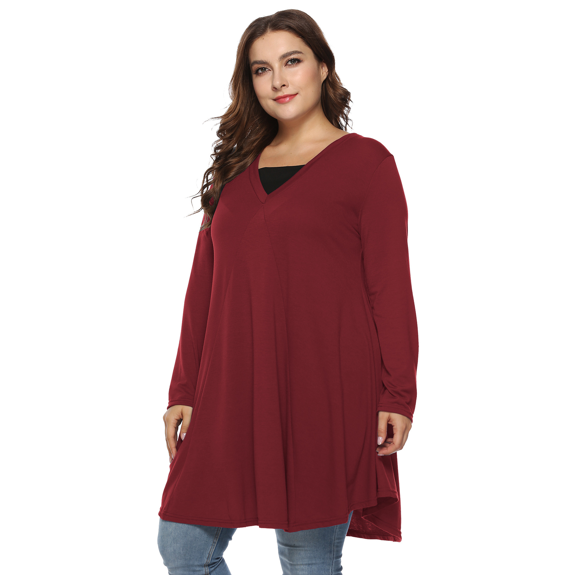 V-Neck Long Sleeve Asymmetric Faux Two-Piece Dress Plus Size