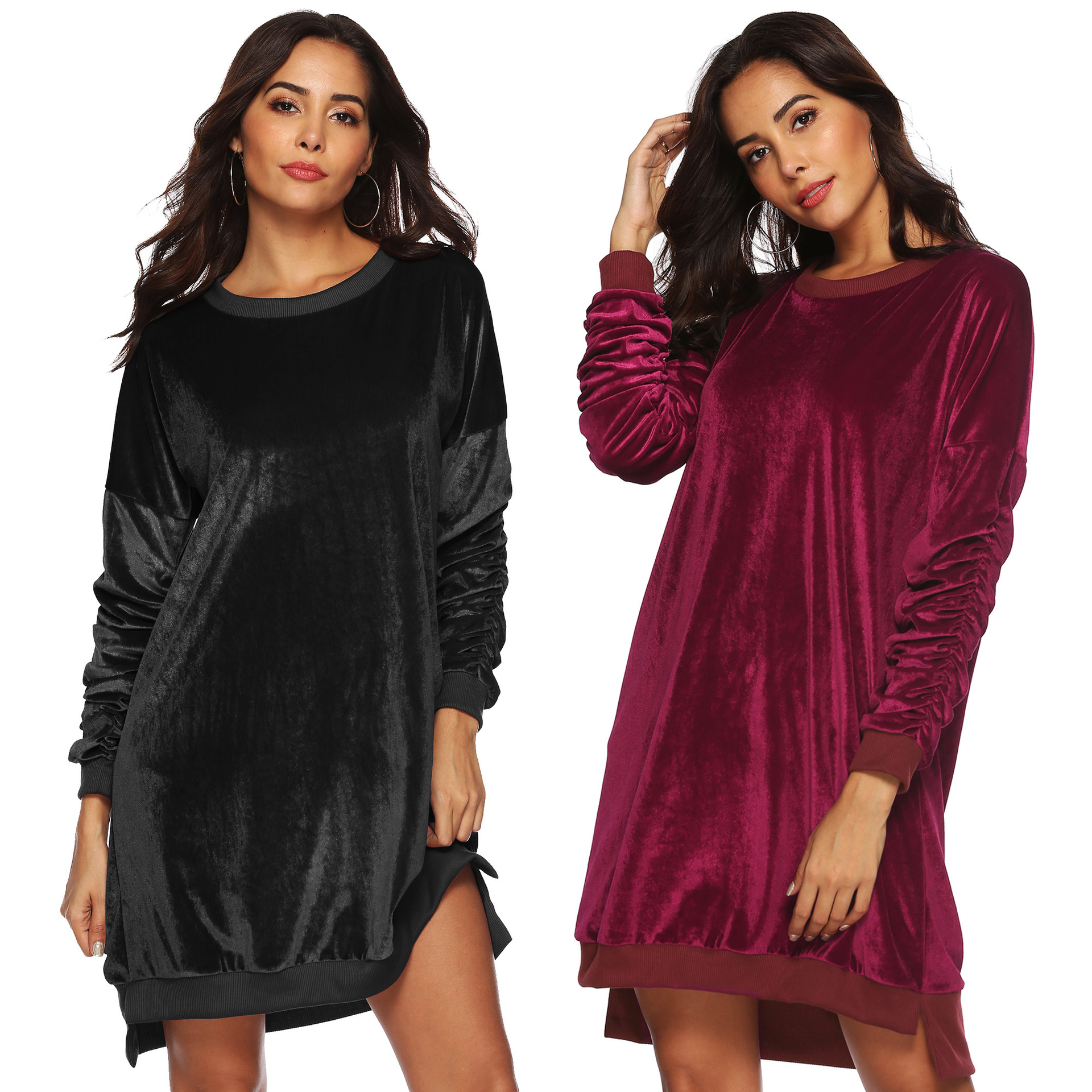 Women's Velvet Dress with Puff Sleeves, Loose Fit, Round Neck, Wine Red