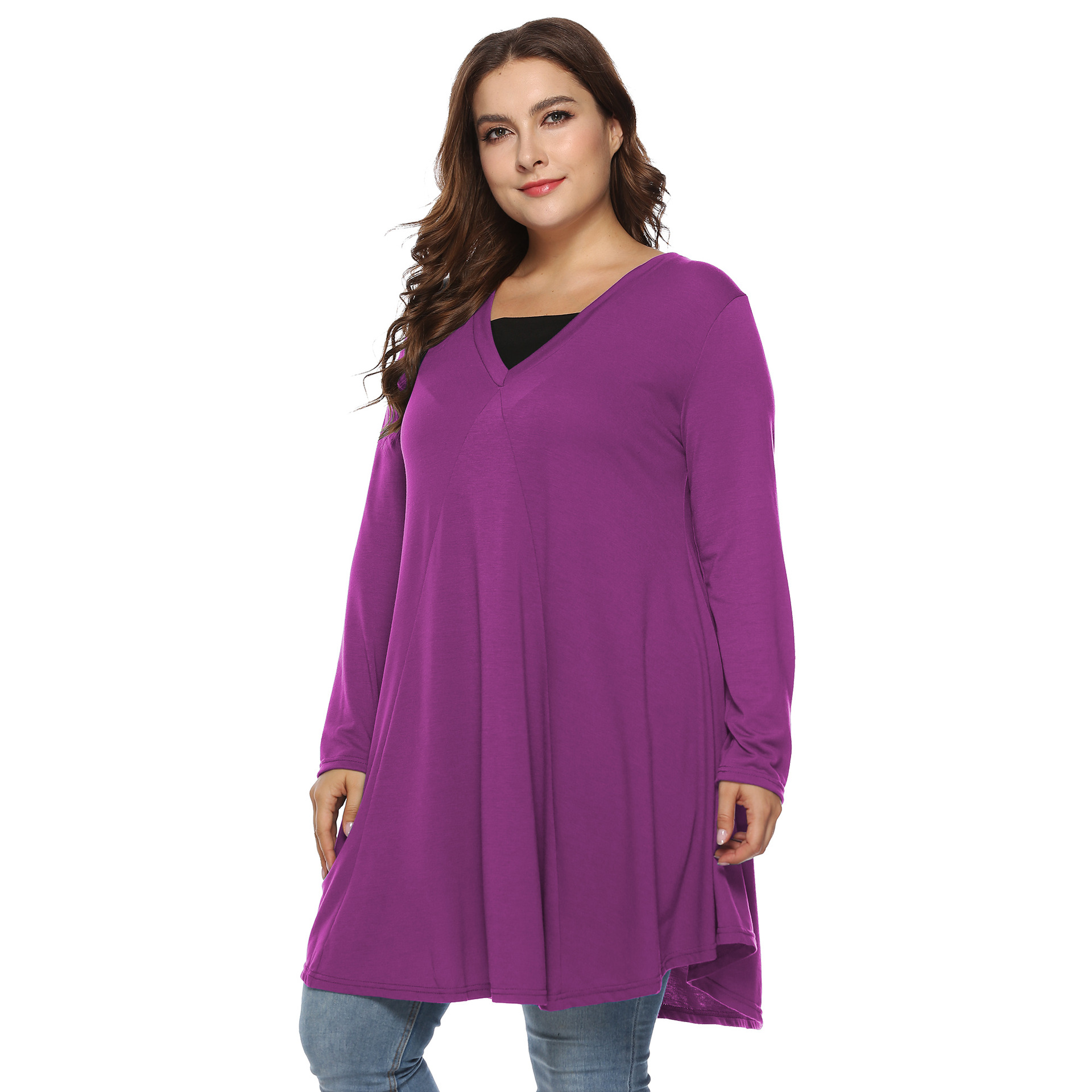V-Neck Long Sleeve Asymmetric Faux Two-Piece Dress Plus Size
