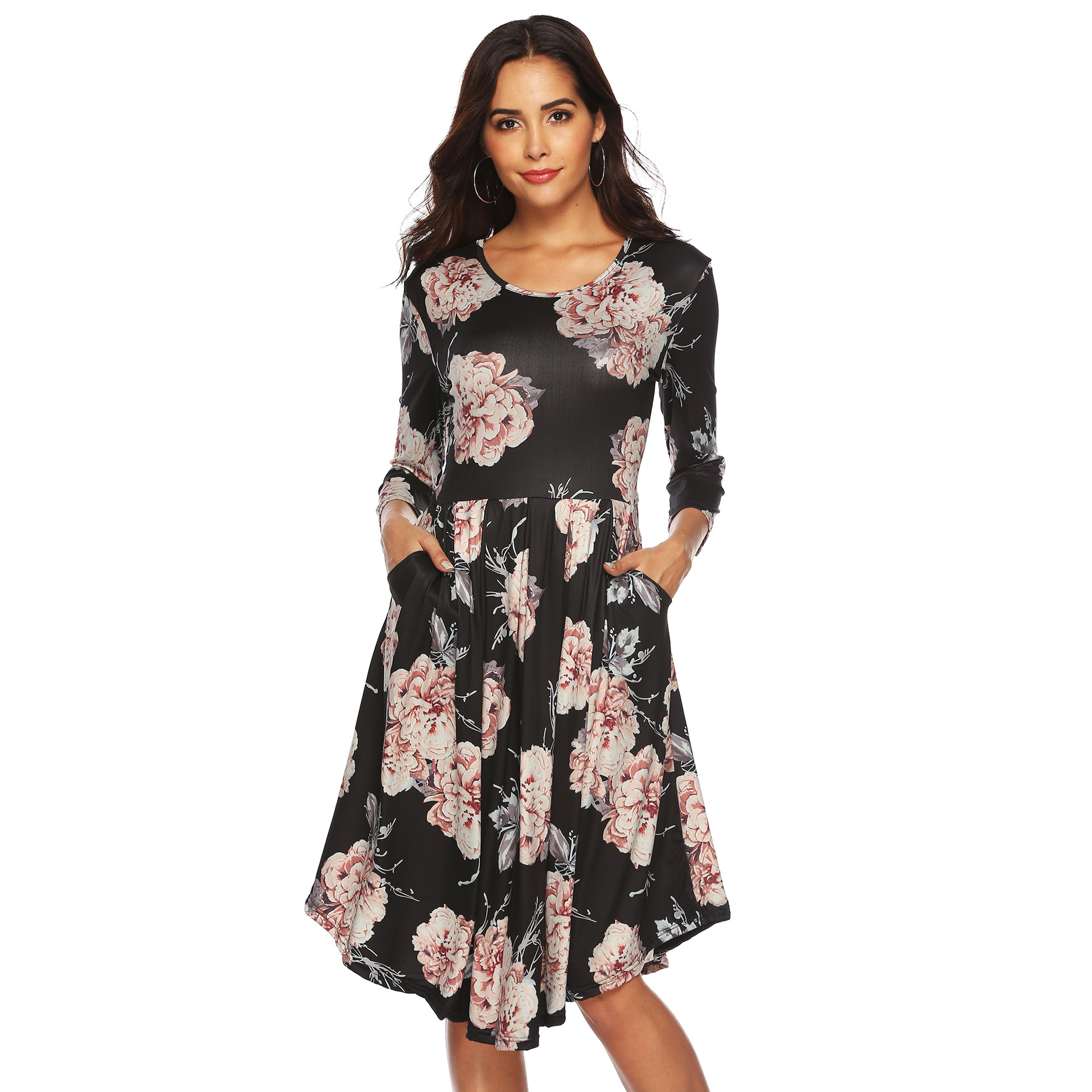 Women's 3/4 Sleeve Floral Print Asymmetrical Hem Dress with Pockets