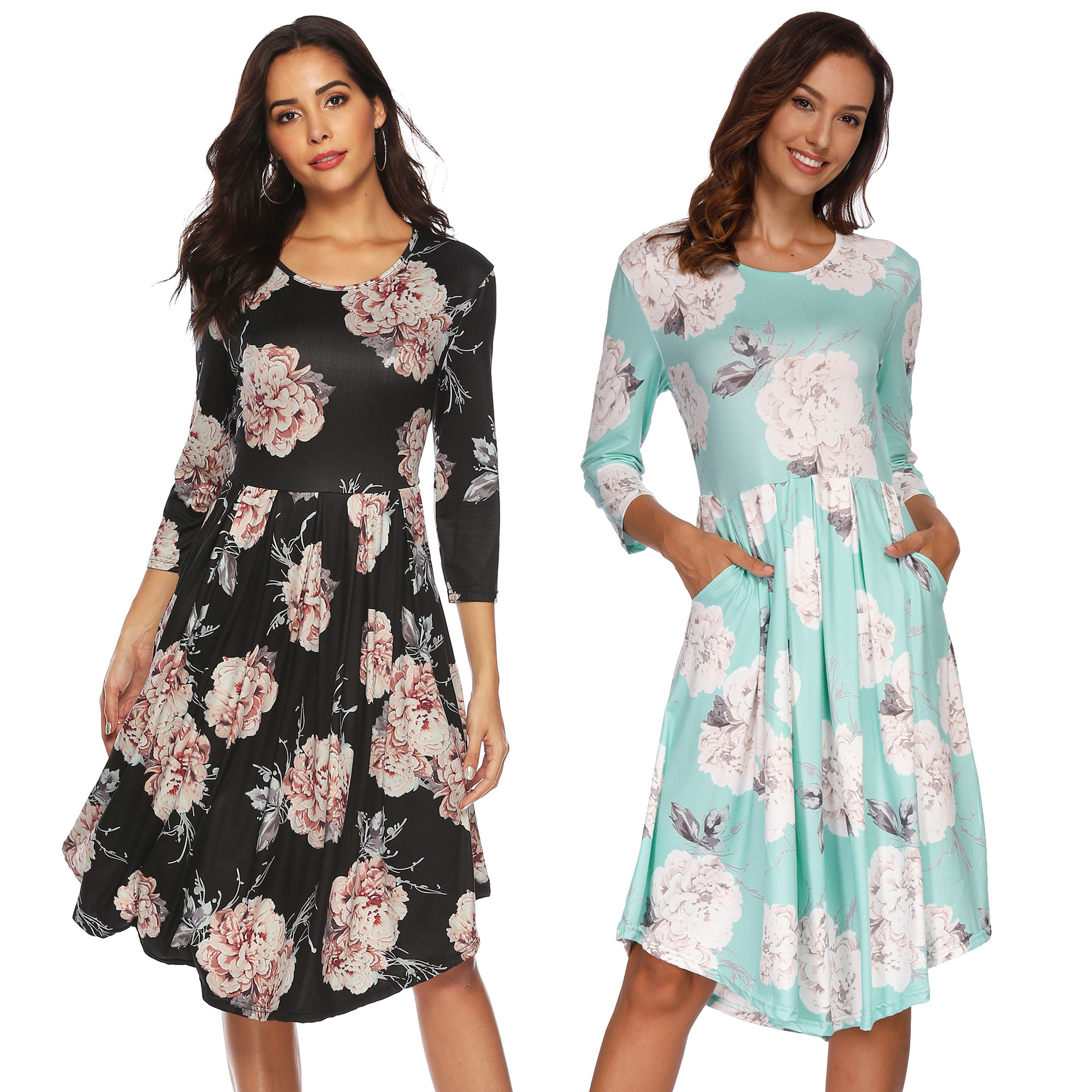 Women's 3/4 Sleeve Floral Print Asymmetrical Hem Dress with Pockets