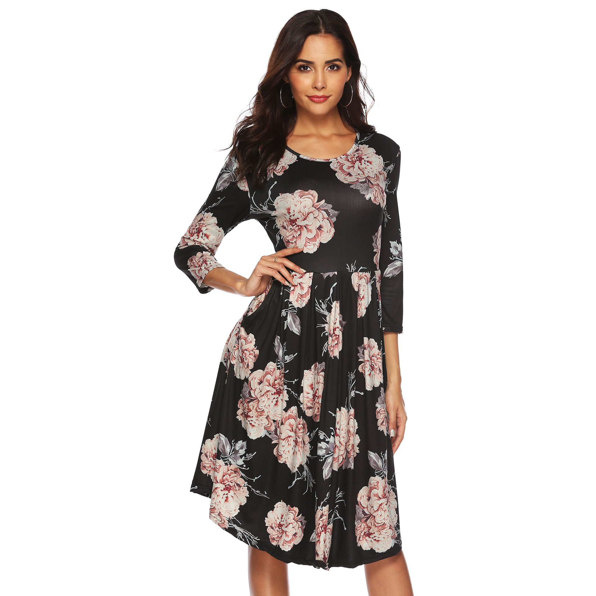 Women's 3/4 Sleeve Floral Print Asymmetrical Hem Dress with Pockets