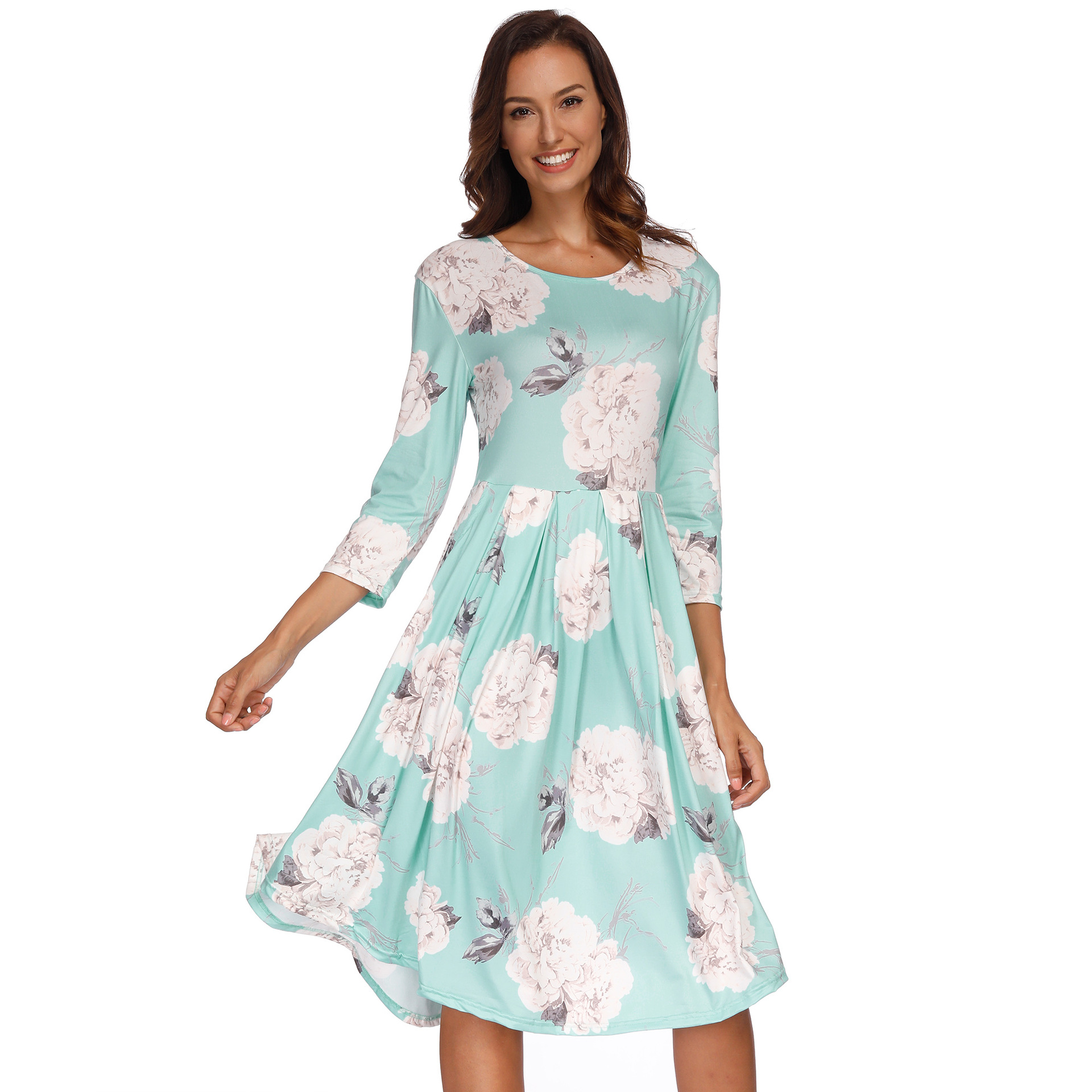 Women's 3/4 Sleeve Floral Print Asymmetrical Hem Dress with Pockets