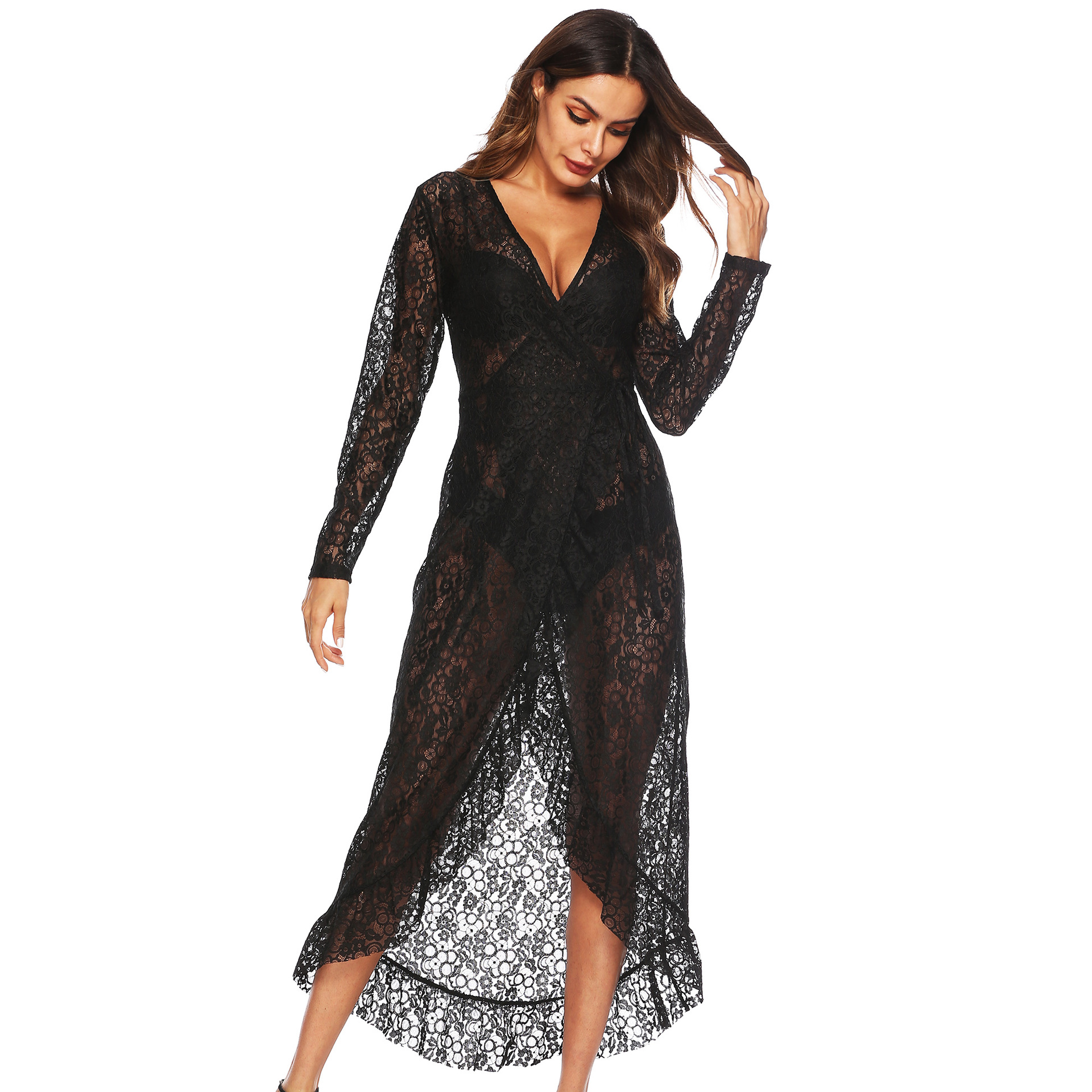 Sexy Sheer Lace Deep V Ruffle Tie Long Sleeve Dress