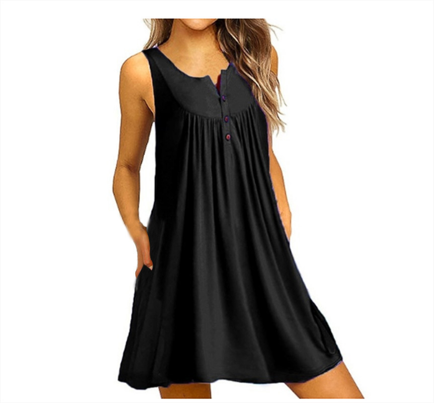 Women's Sleeveless Button Pleated Midi Dress Casual Round Neck