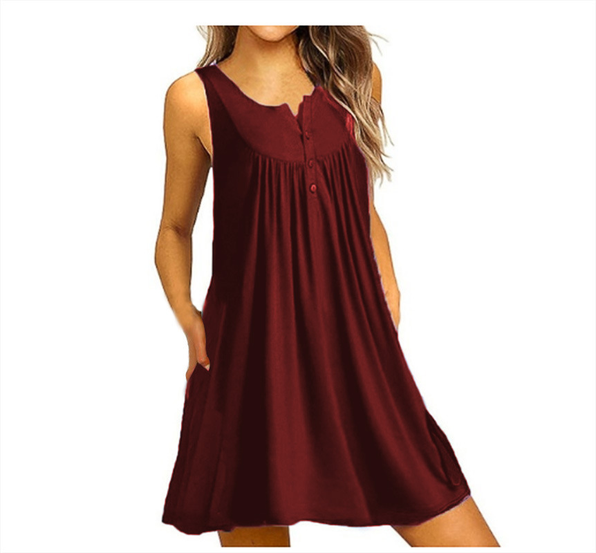Women's Sleeveless Button Pleated Midi Dress Casual Round Neck