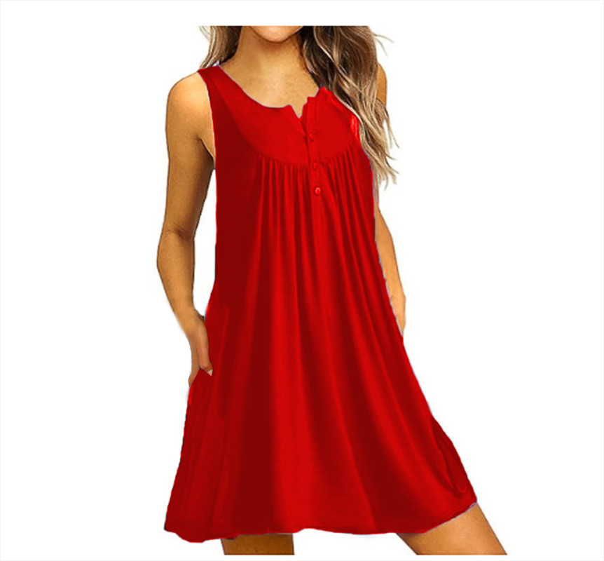 Women's Sleeveless Button Pleated Midi Dress Casual Round Neck