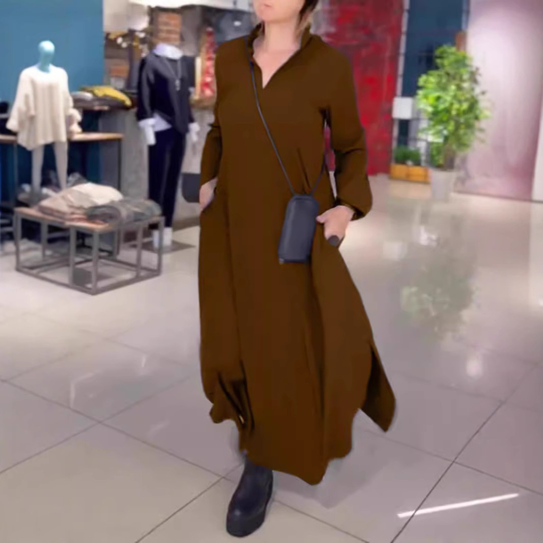 Women's Solid V-Neck Long Sleeve Loose Fit Maxi Dress