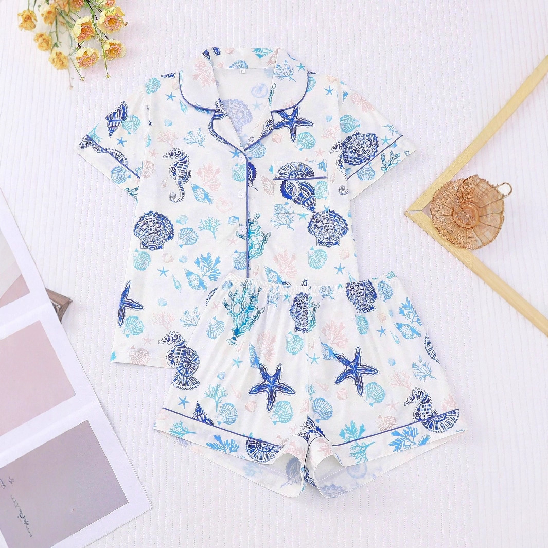 Women's Summer Hawaiian Print Short Sleeve Shirt Set