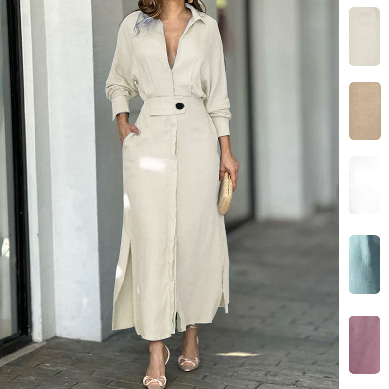 Women's Solid Color Long Sleeve A-Line Dress with Collar and Waist Tie