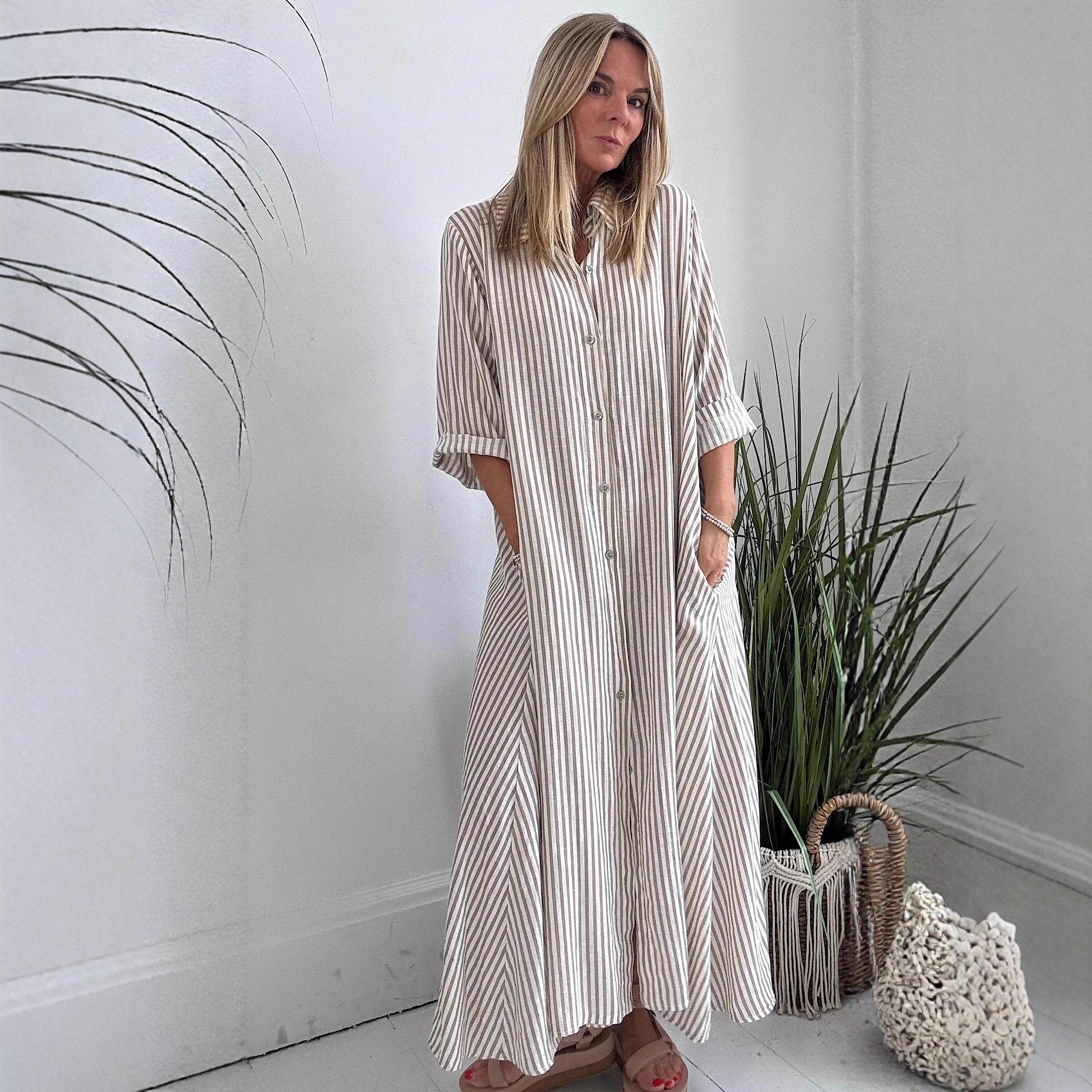 Striped Collared Midi Dress with Three-Quarter Sleeves and Button Front