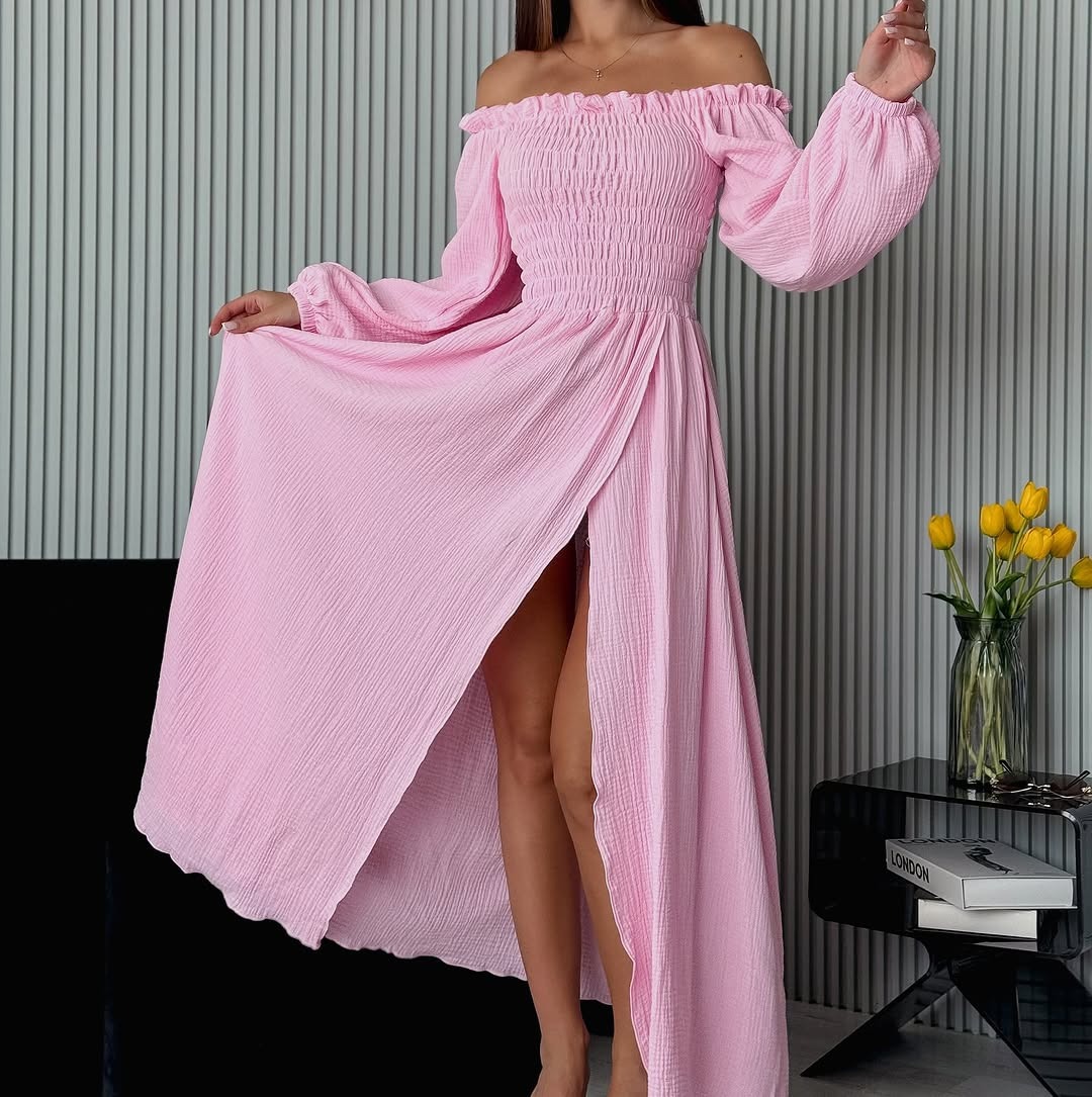 Off-Shoulder Ruched Long-Sleeve Dress with Waist-Cinching Slimming Fit