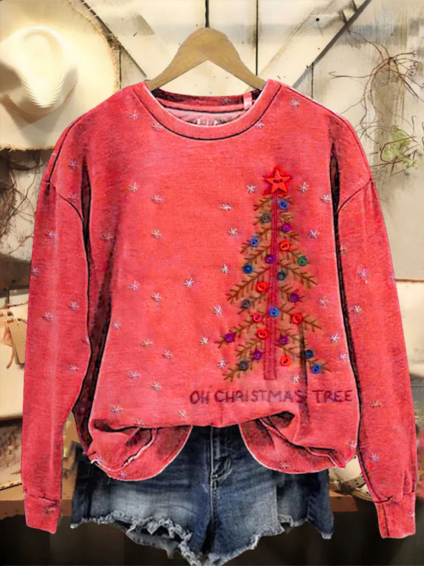 Christmas Tree Print Crewneck Long Sleeve Pullover Sweatshirt