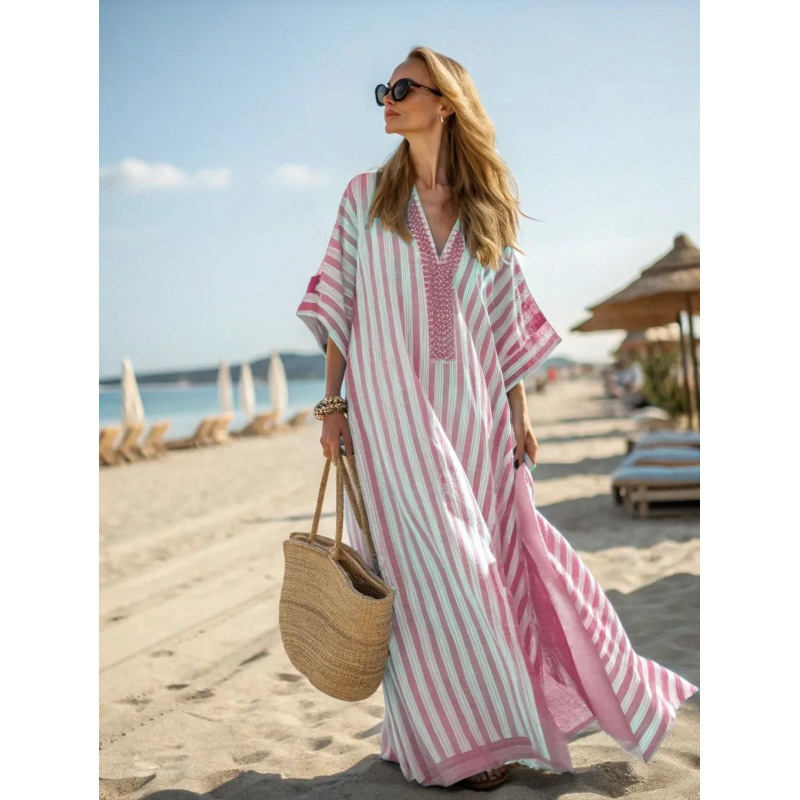 Women's Polka Dot & Solid Print Midi Dress, Slim Fit Deep V-Neck Half Sleeve