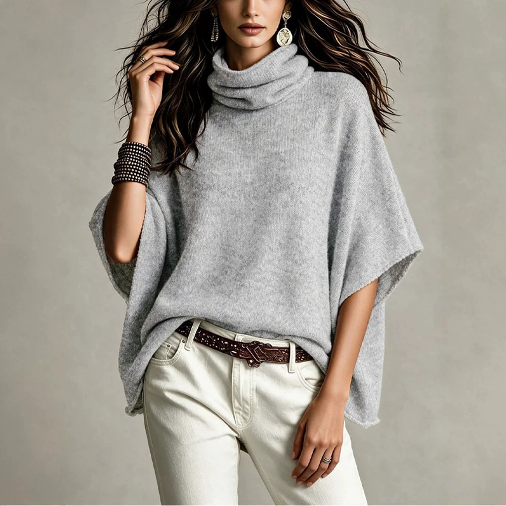 Women's High Neck Loose Knit Poncho Sweater Casual Pullover Top