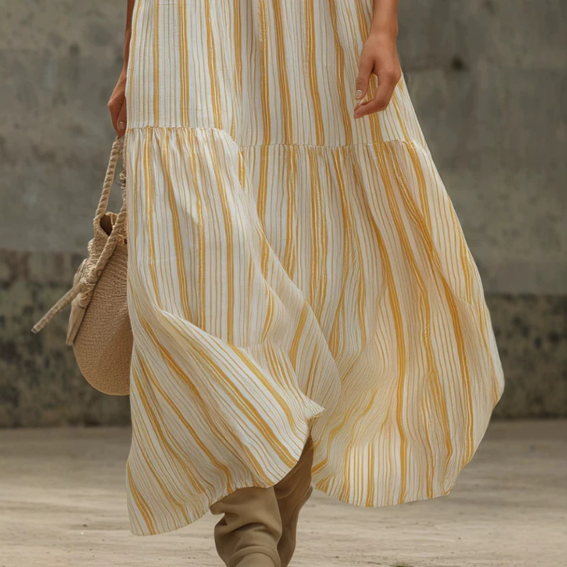 Yellow Striped Ruffle V-Neck Long Dress