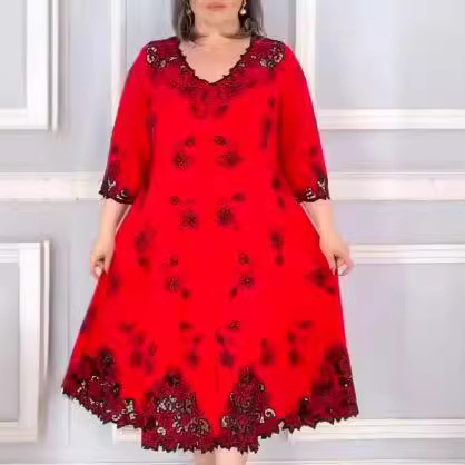Women's Plus Size Floral Print A-Line Midi Dress V-Neck Short Sleeve Loose Fit