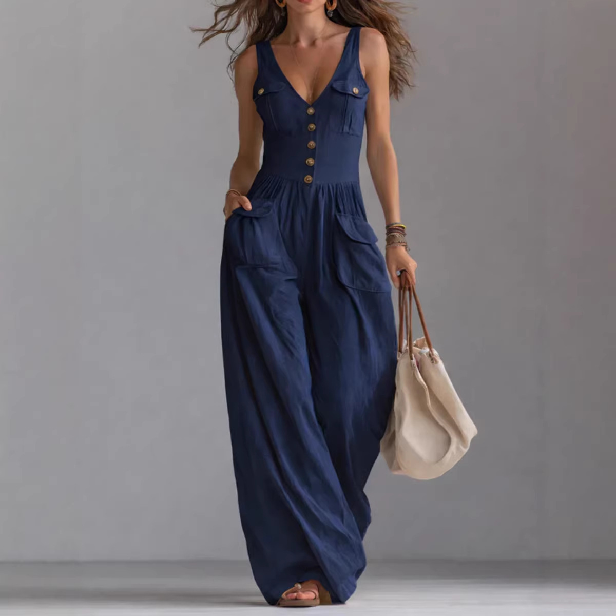 Women's Solid Color Button Pocket Loose Wide-Leg Overalls Jumpsuit