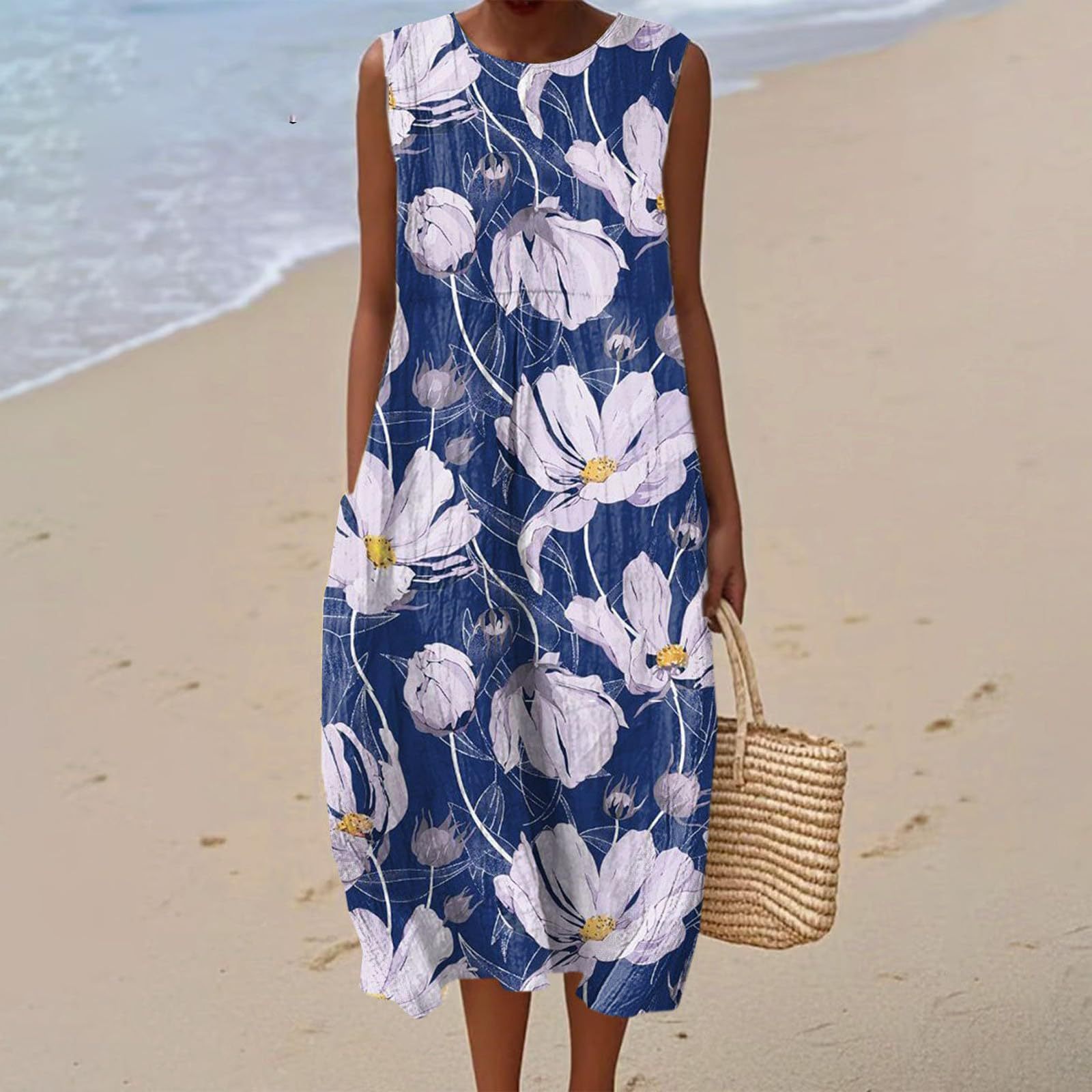 Women's Vintage Floral Print Midi Dress Sleeveless Round Neck Slim Fit