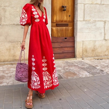Floral Print V-Neck Puff Sleeve Open Back Loose Casual Midi Dress