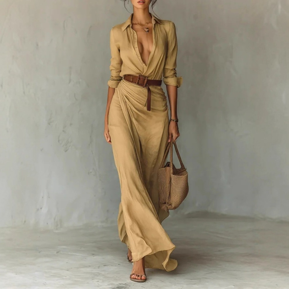 Elegant Solid Color Asymmetric Pleated Dress with Belt