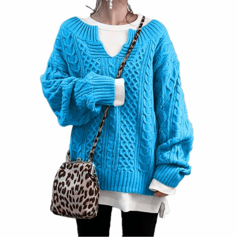 Women's Cable Knit V-Neck Sweater Loose Fit Long Sleeve Pullover