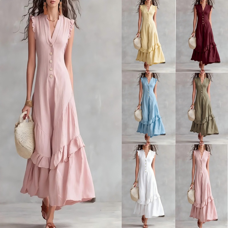 Minimalist Cotton-Linen Sleeveless Dress with V-Neck and Pleated Detail