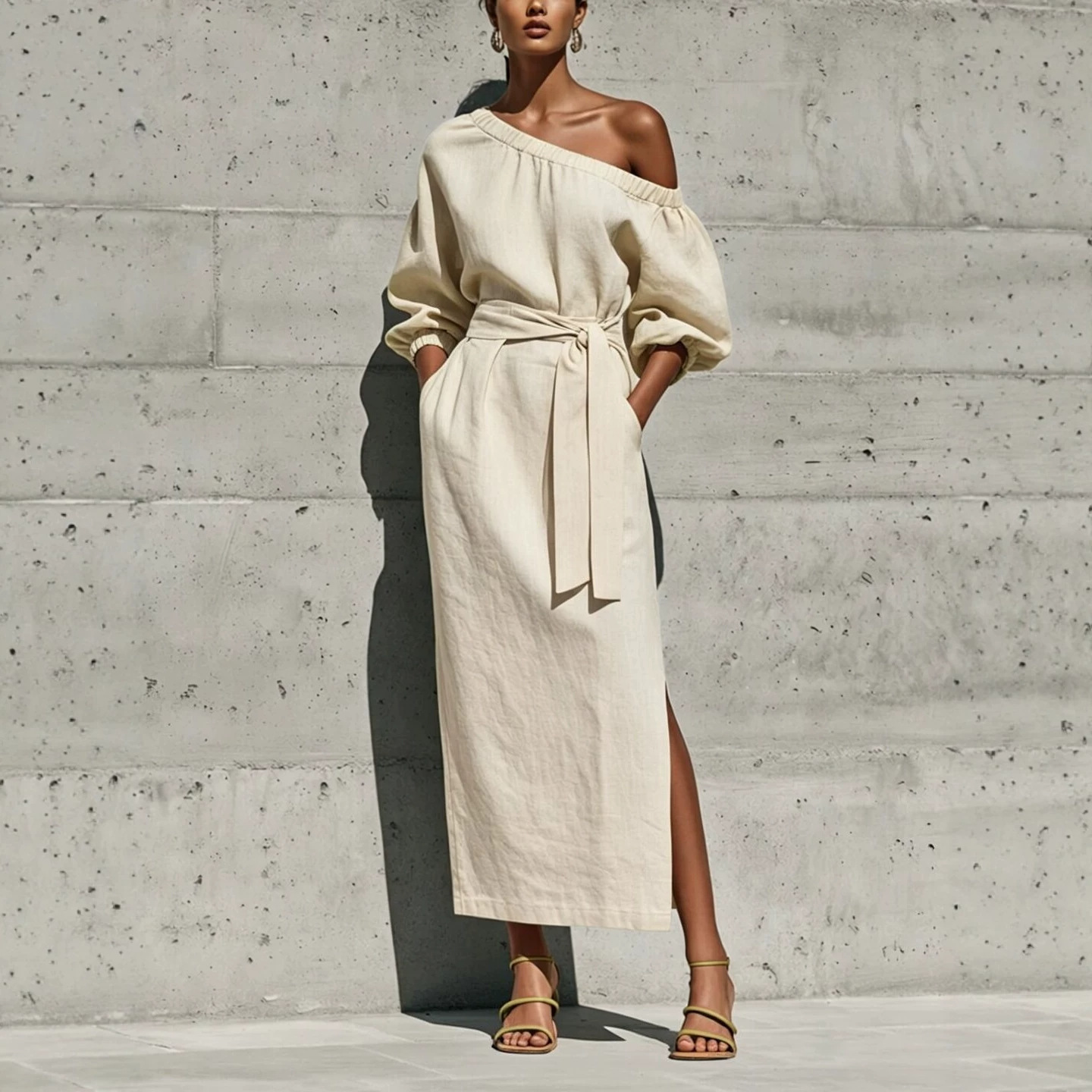 Women's One-Shoulder Tie-Waist Midi Dress with Pockets