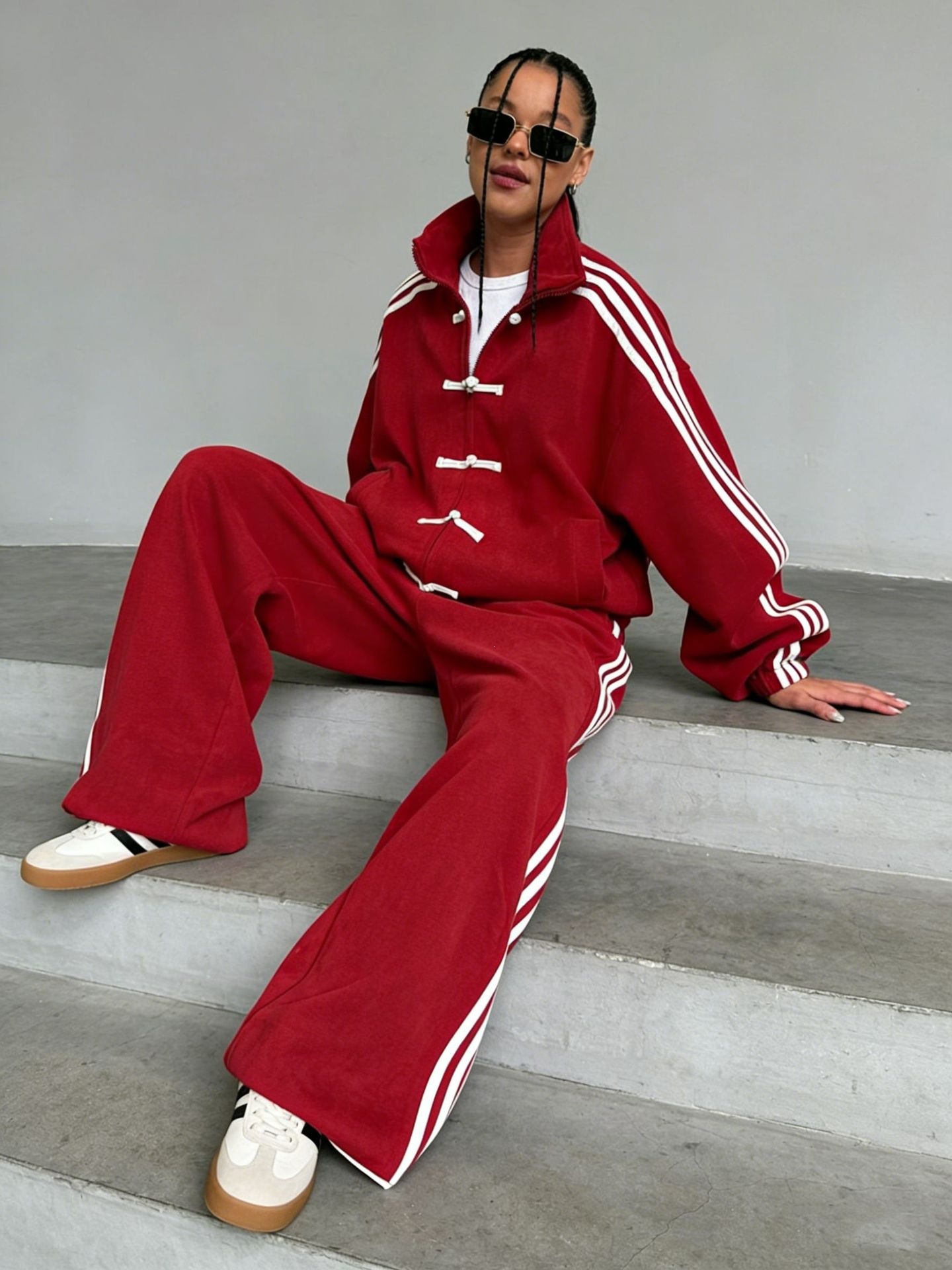 Retro Stand Collar Jacket & Wide-Leg Pants Set with Frog Buttons and 3-Stripe Detail