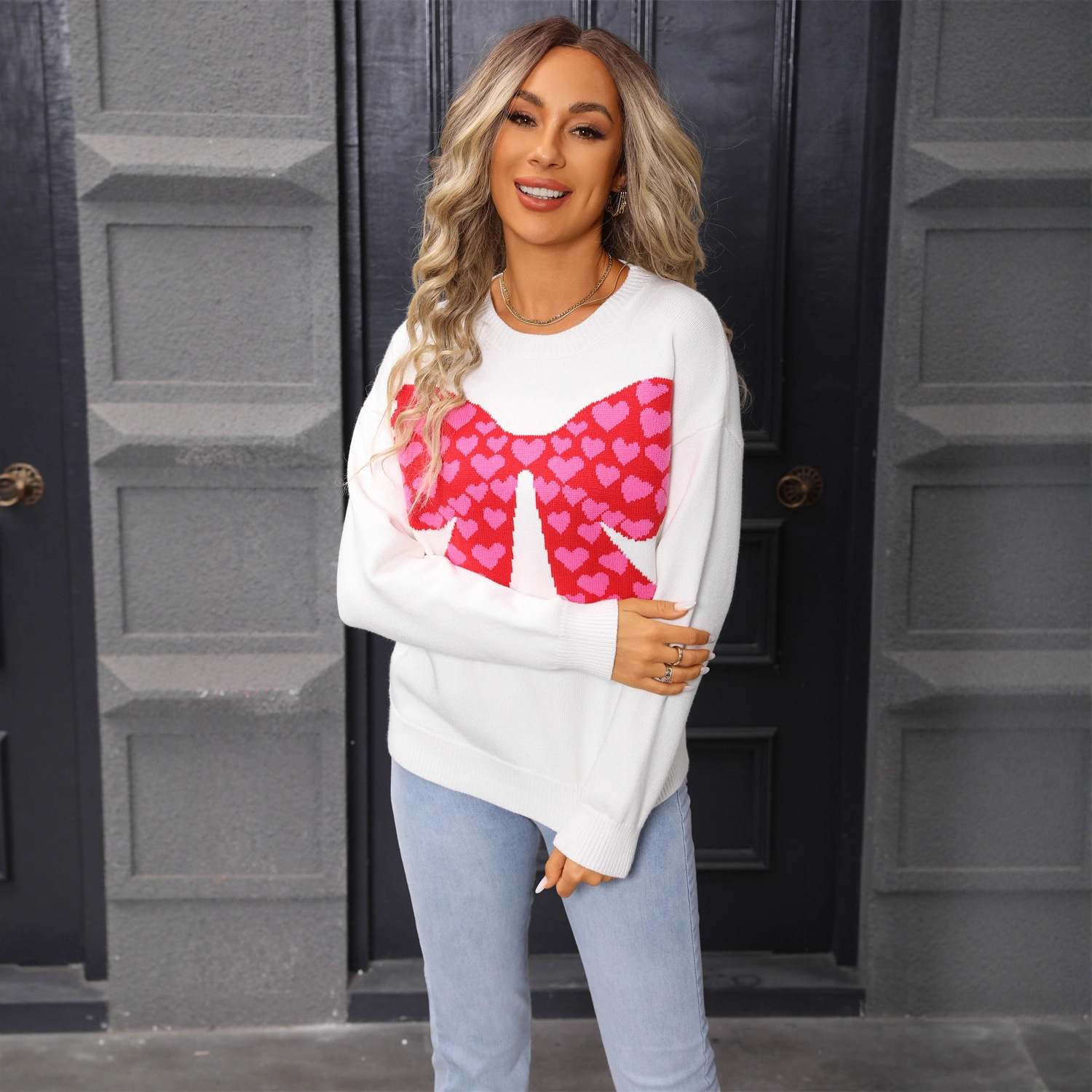 Women's Crewneck Long Sleeve Bow Heart Knit Sweater