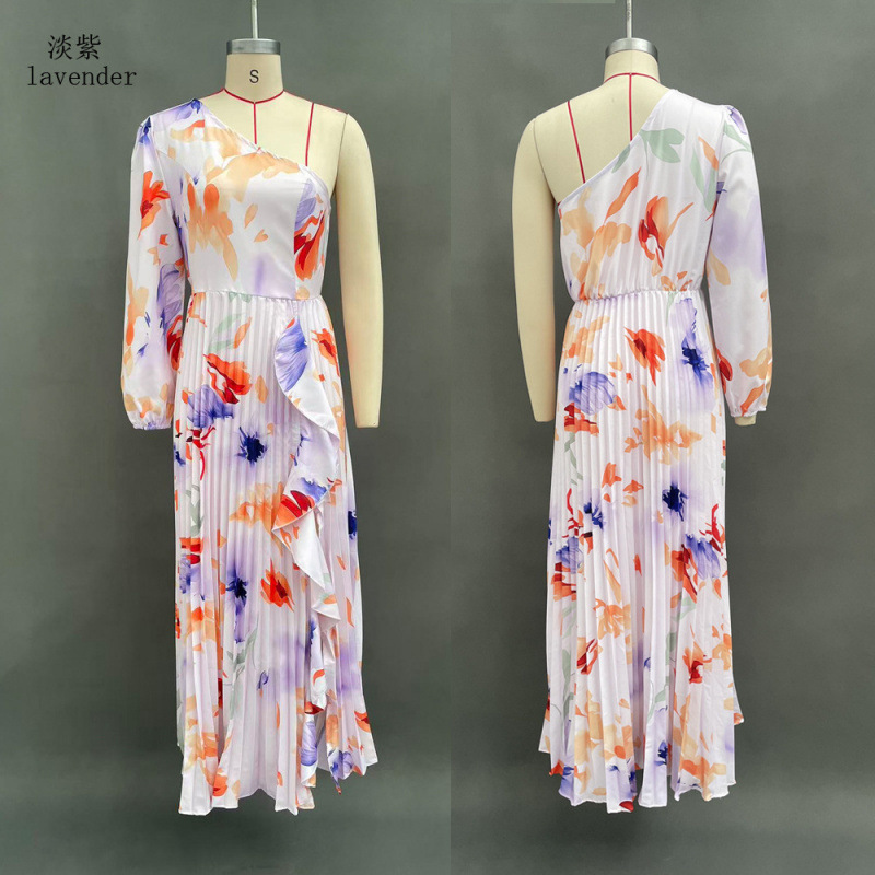 Printed Off-Shoulder Long Dress with Asymmetric Slit and Pleated Details