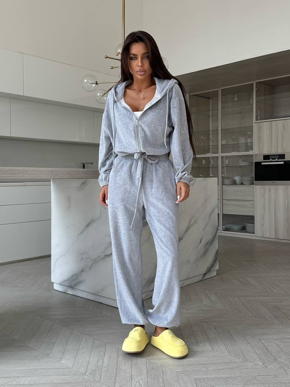 Women's Casual Hooded Two-Piece Set Zip-Up Drawstring Waist Solid Color